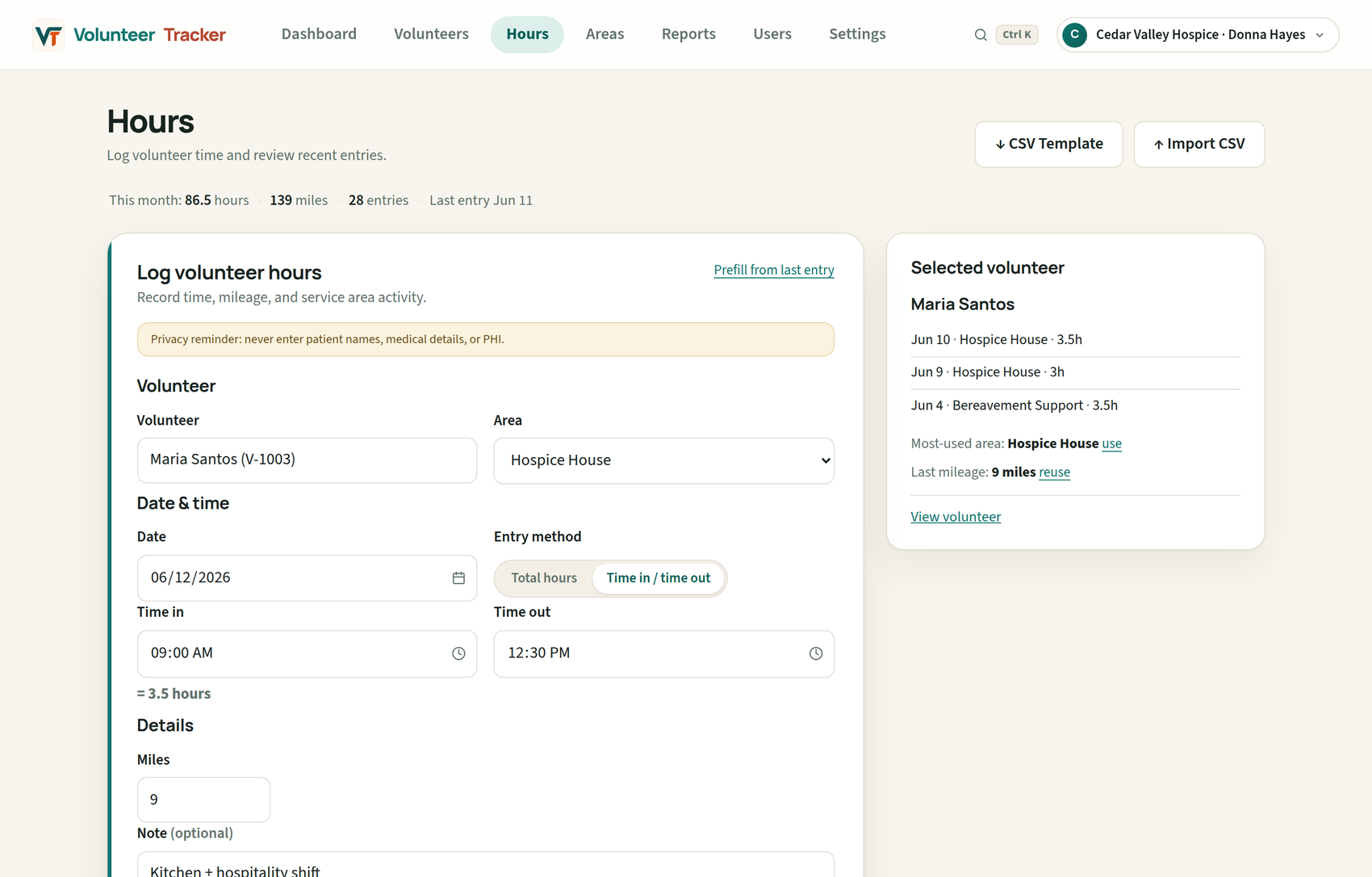 Credential Ledger hour entry form with time in and time out auto-calculating 3.5 hours, and a selected-volunteer context panel showing recent entries