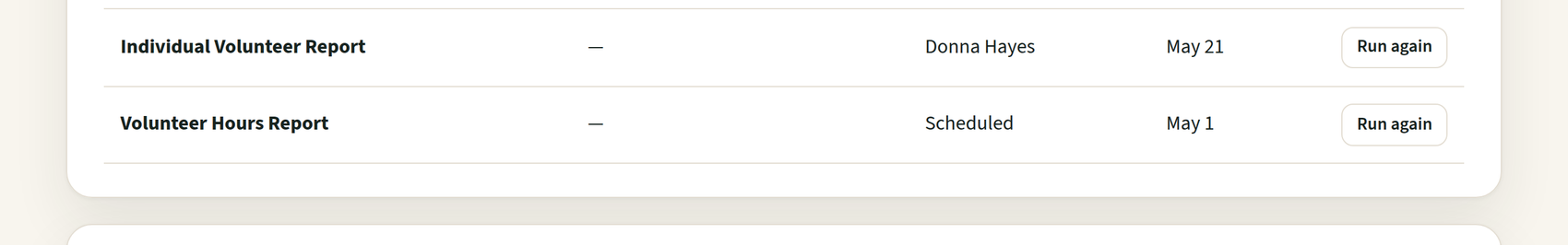 Scheduled reports panel in Credential Ledger showing a monthly hours report and a quarterly recognition report emailed automatically to leadership